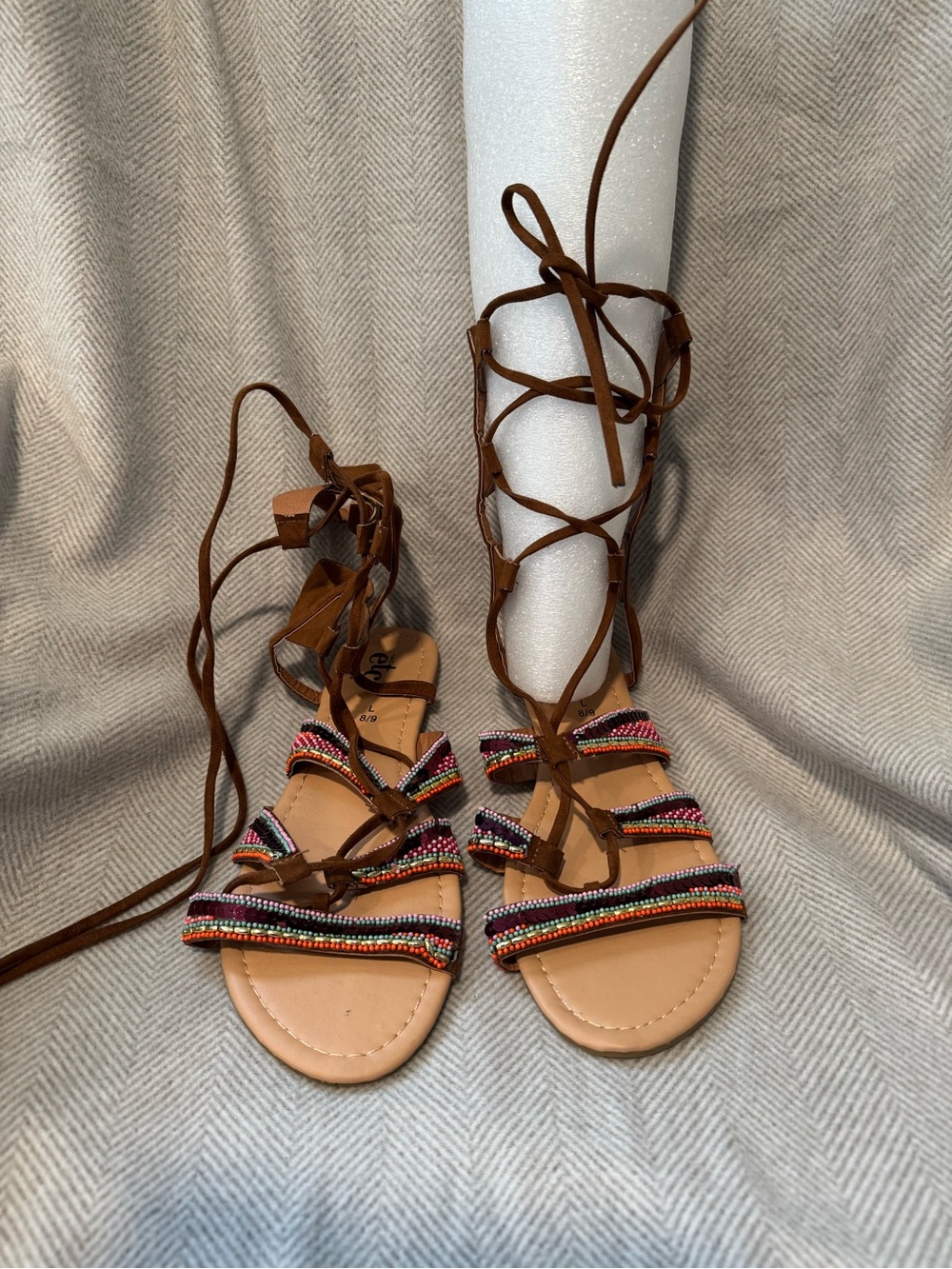 Women's Brown Lace-Up Beaded Gladiator Sandals